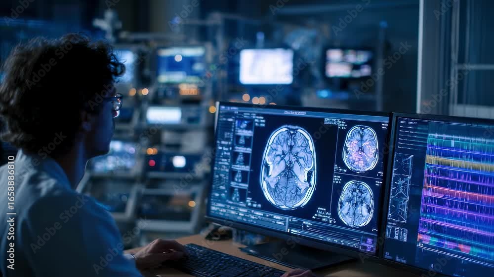 Poster medium shot focusing on researcher adjusting fmri settings illuminated brain scans with pain pathway