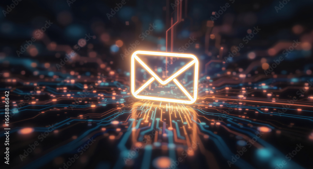 Poster high-tech glowing envelope email interface in dark background, digital security access panel, sci-fi