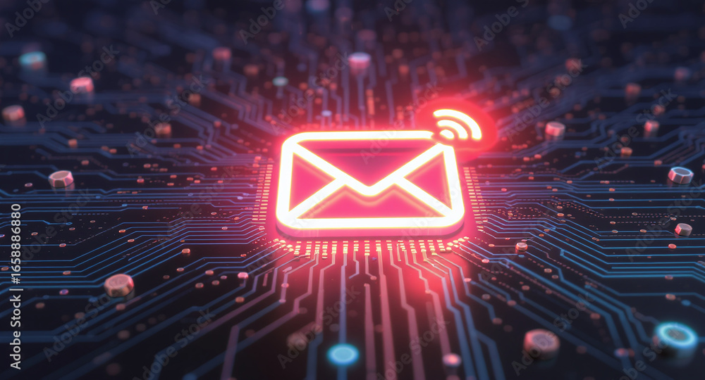 Poster high-tech glowing envelope email interface in dark background, digital security access panel, sci-fi