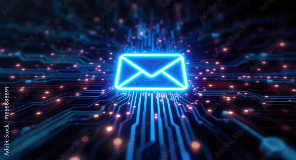 Poster high-tech glowing envelope email interface in dark background, digital security access panel, sci-fi