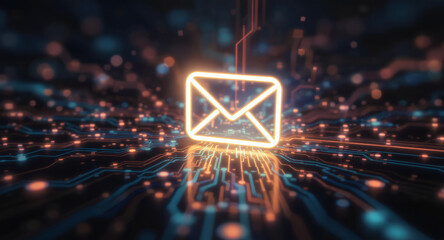 high-tech glowing envelope email interface in dark background, digital security access panel, sci-fi design