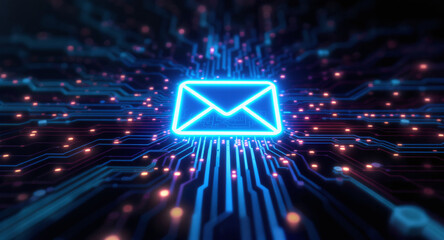 high-tech glowing envelope email interface in dark background, digital security access panel, sci-fi design