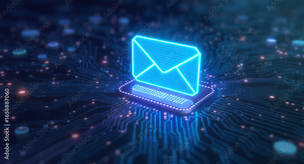 Poster high-tech glowing envelope email interface in dark background, digital security access panel, sci-fi
