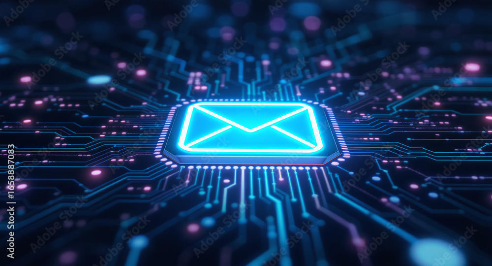 Poster high-tech glowing envelope email interface in dark background, digital security access panel, sci-fi