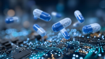 Abstract healthcare concept, blue capsules floating above a high-tech motherboard, circuits glowing in neon cyan and blue, representing modern medication and innovation