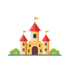 Cartoon Medieval Castle with Red Roofs and Yellow Flags surrounded by Green Bushes