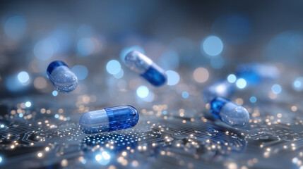 Cinematic digital composition, several blue pills hovering over glowing microchip circuitry, soft reflections and depth of field emphasizing medical technology breakthroughs