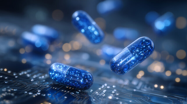 Cinematic digital composition, several blue pills hovering over glowing microchip circuitry, soft reflections and depth of field emphasizing medical technology breakthroughs