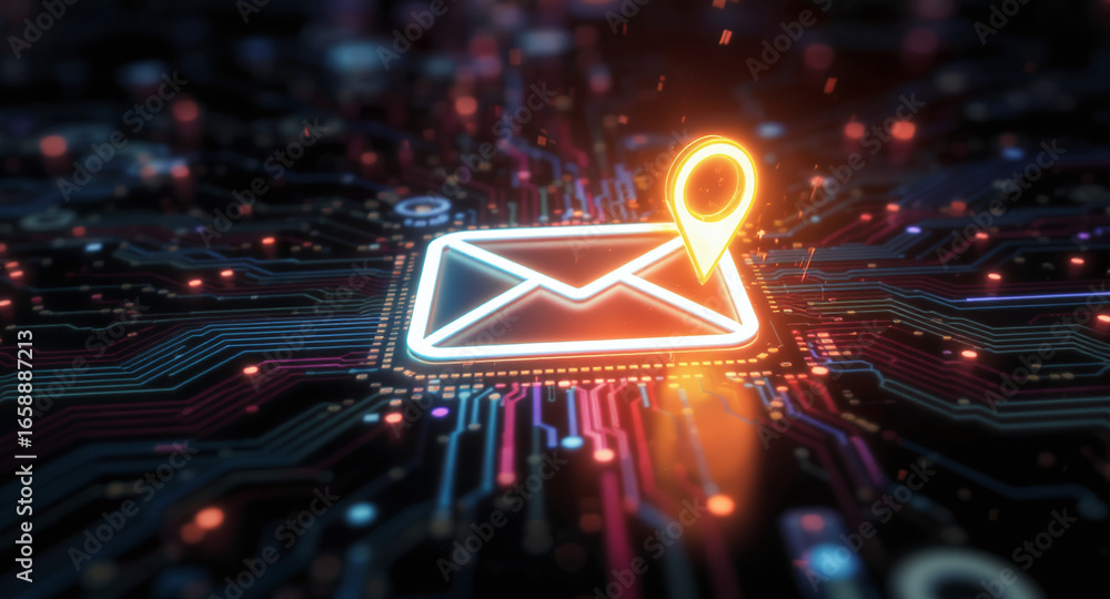 Poster high-tech glowing envelope email interface in dark background, digital security access panel, sci-fi