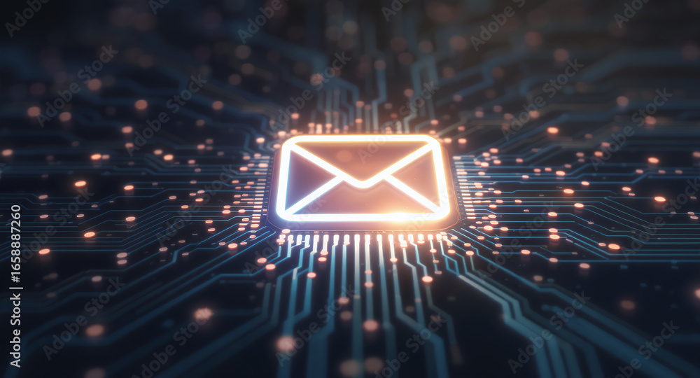 Poster high-tech glowing envelope email interface in dark background, digital security access panel, sci-fi