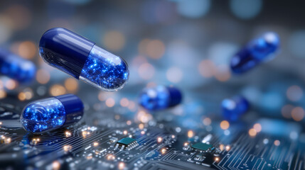 Macro futuristic composition, blue capsules suspended over a luminous motherboard with digital light paths and soft focus edges, symbolizing pharmaceutical solutions in modern heal
