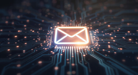high-tech glowing envelope email interface in dark background, digital security access panel, sci-fi design