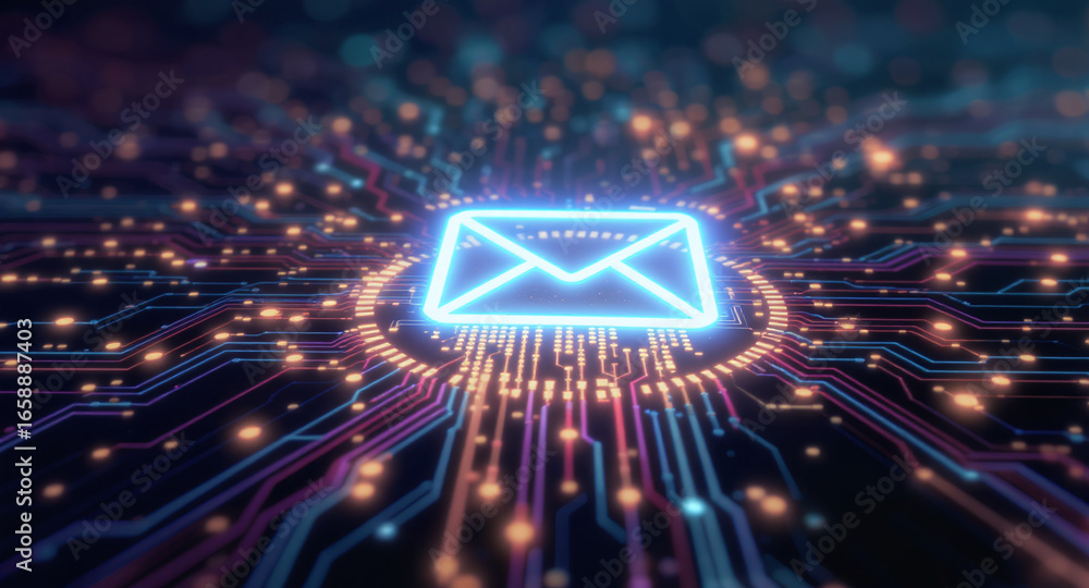 Poster high-tech glowing envelope email interface in dark background, digital security access panel, sci-fi