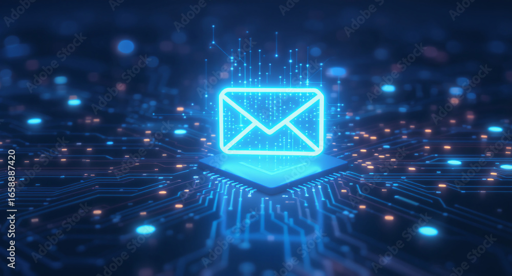 Poster high-tech glowing envelope email interface in dark background, digital security access panel, sci-fi