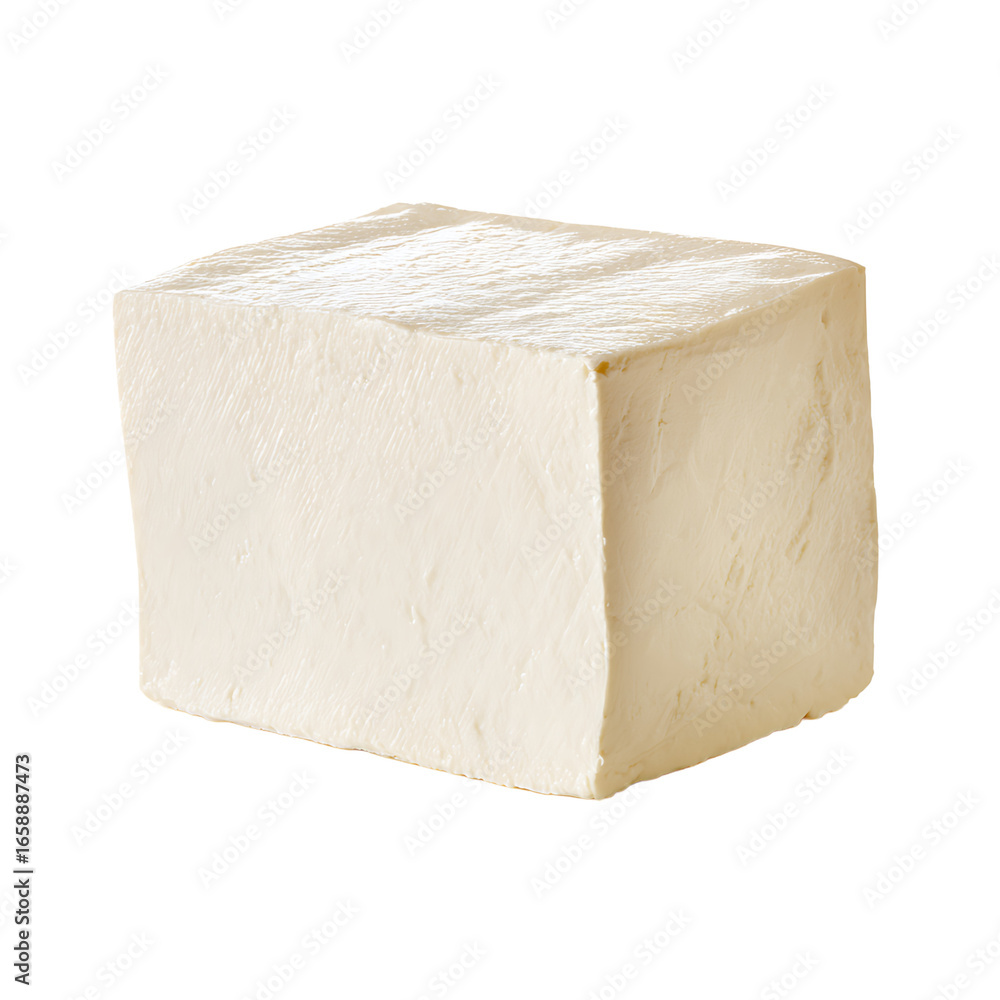 Poster this is a large cube of fresh cheese or tofu that is resting on a black surface it has a creamy whit