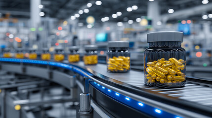 Futuristic pharmaceutical line, amber pill bottles filled with yellow capsules moving along illuminated conveyor, depth of field highlighting the automation and efficiency of produ