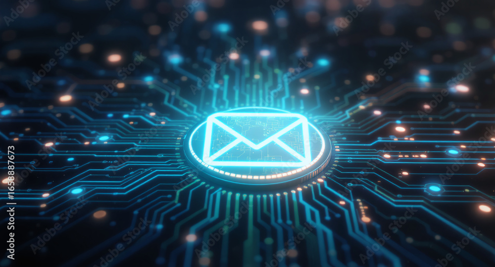Poster high-tech glowing envelope email interface in dark background, digital security access panel, sci-fi