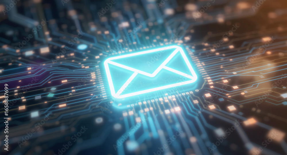 Poster high-tech glowing envelope email interface in dark background, digital security access panel, sci-fi
