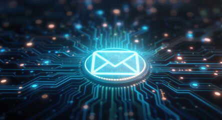 high-tech glowing envelope email interface in dark background, digital security access panel, sci-fi design