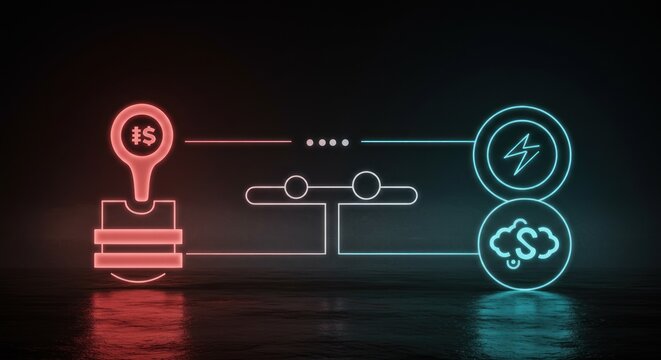 Neon diagram showing financial exchange to energy and cloud symbols - Powered by Adobe