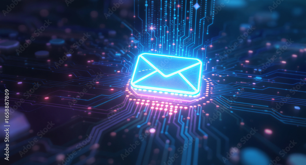 Poster high-tech glowing envelope email interface in dark background, digital security access panel, sci-fi