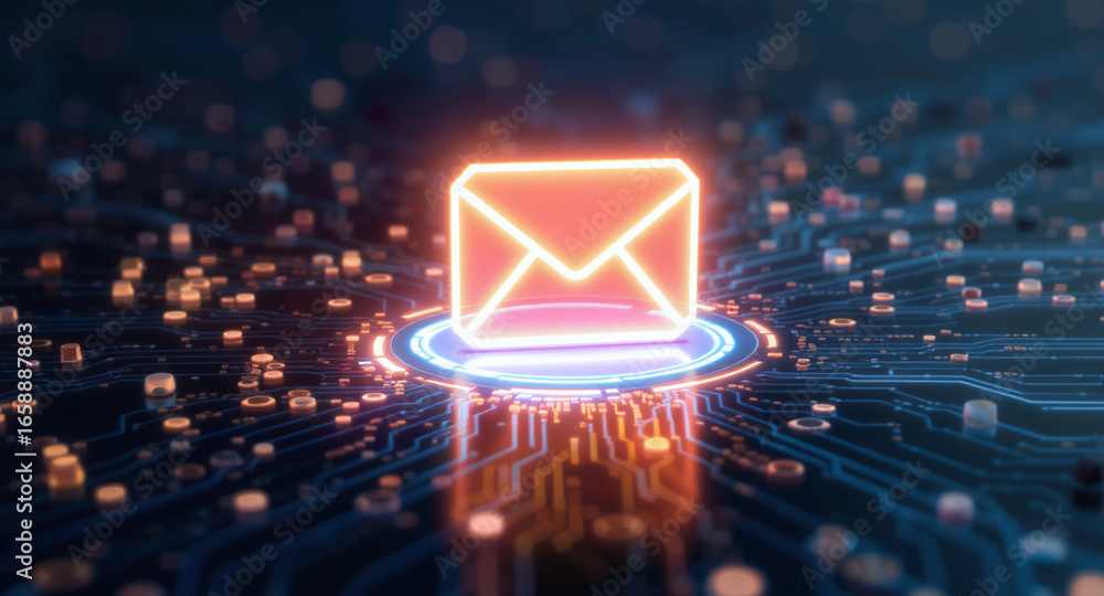 Poster high-tech glowing envelope email interface in dark background, digital security access panel, sci-fi