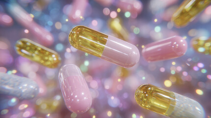 Dreamlike composition, dozens of pink and yellow capsules hovering in mid-air, glowing softly in a mist of color and light, surrounded by tiny motes in gentle motion