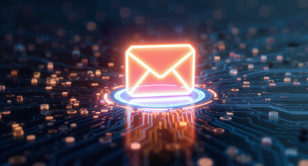 high-tech glowing envelope email interface in dark background, digital security access panel, sci-fi design