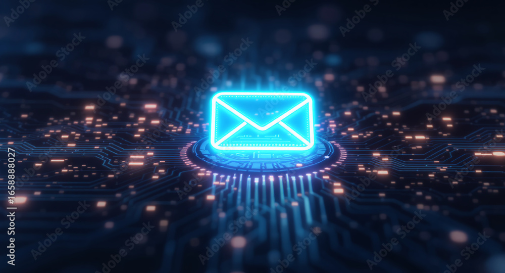 Poster high-tech glowing envelope email interface in dark background, digital security access panel, sci-fi