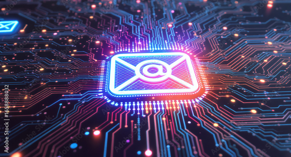 Poster high-tech glowing envelope email interface in dark background, digital security access panel, sci-fi