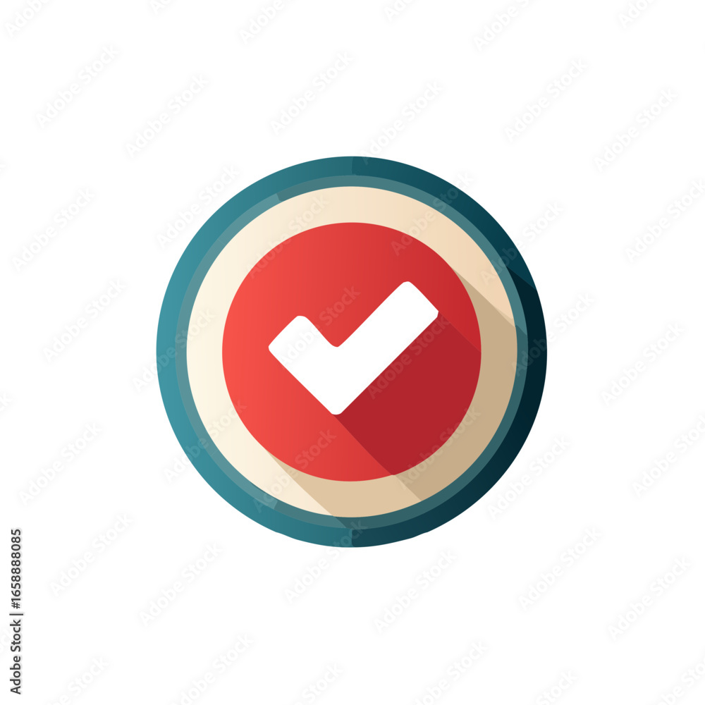 Poster check mark within a red circle in a flat design for verification and approval