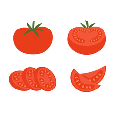 Tomato set with whole tomato, slices and cut pieces. Fresh organic vegetables for cooking, salad, healthy eating. Flat vector illustration on white.