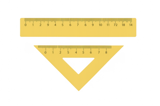 Yellow ruler and set square on transparent background for precise measurement