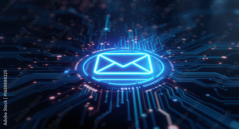 Poster high-tech glowing envelope email interface in dark background, digital security access panel, sci-fi