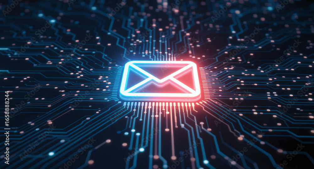 Poster high-tech glowing envelope email interface in dark background, digital security access panel, sci-fi