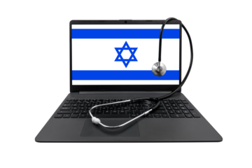 Laptop with Israel flag on screen and medical stethoscope on transparent background. Israeli healthcare system concept