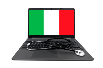 Laptop with a transparent screen and a medical stethoscope on the background of the Italian flag. Concept of medical consultation and healthcare system in Italy
