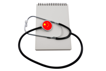 Stethoscope with head in shape of China flag and blank notepad on transparent background. Concept of Chinese healthcare system