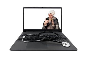 Laptop and medical stethoscope on a transparent background. On the laptop screen - a girl with cold symptoms holds a blister with pills and a smartphone in her hands