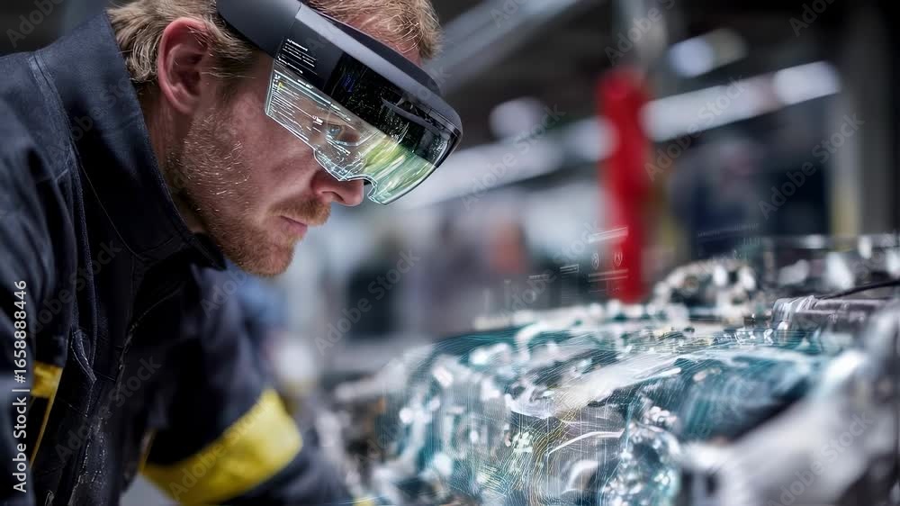 Poster medium shot featuring augmented reality goggles displaying diagnostic data and repair sequences over
