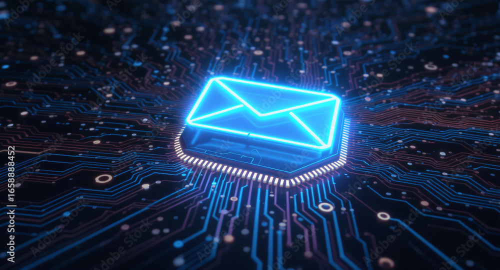 Poster high-tech glowing envelope email interface in dark background, digital security access panel, sci-fi