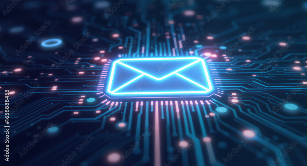 Poster high-tech glowing envelope email interface in dark background, digital security access panel, sci-fi