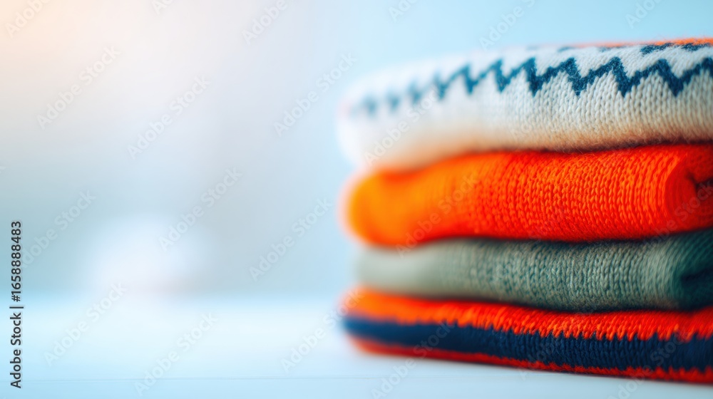 Poster Warm and cozy stack of colorful sweaters on a soft illuminated background