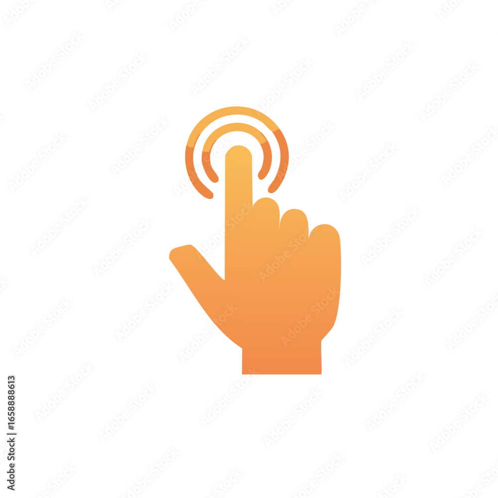Poster hand touching a button, cursor interaction on screen with finger, tap concept, orange gradient, push