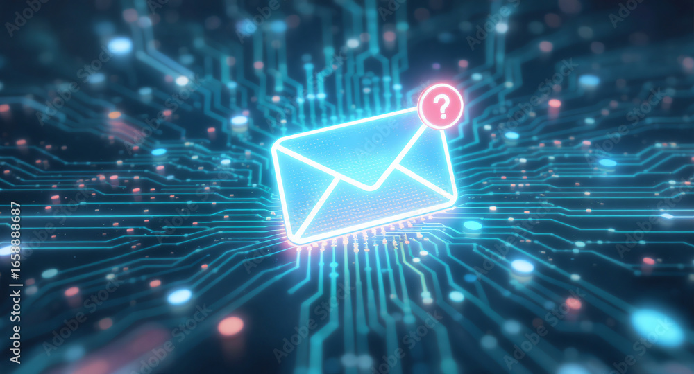Poster high-tech glowing envelope email interface in dark background, digital security access panel, sci-fi