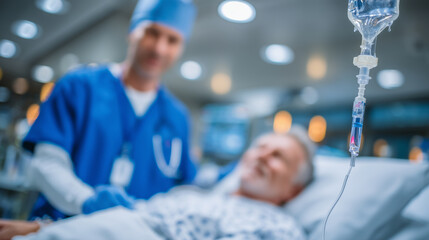 Healthcare professional in blue scrubs adjusting an IV drip beside a hospital bed, soft sterile lighting highlighting patient care and focus on recovery, background blurred to emph