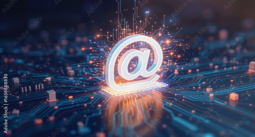 Poster high-tech glowing envelope email interface in dark background, digital security access panel, sci-fi