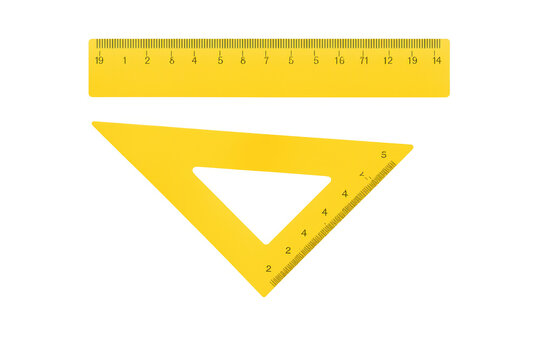 Yellow ruler and set square on transparent background for precise measurement