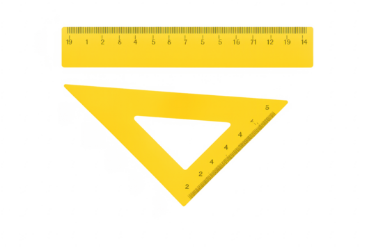 Yellow ruler and set square on transparent background for precise measurement