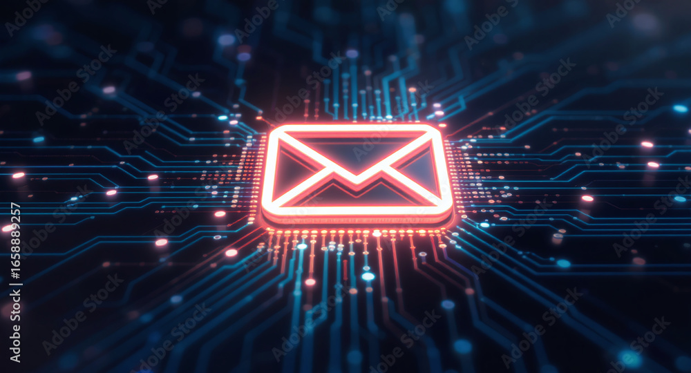 Poster high-tech glowing envelope email interface in dark background, digital security access panel, sci-fi